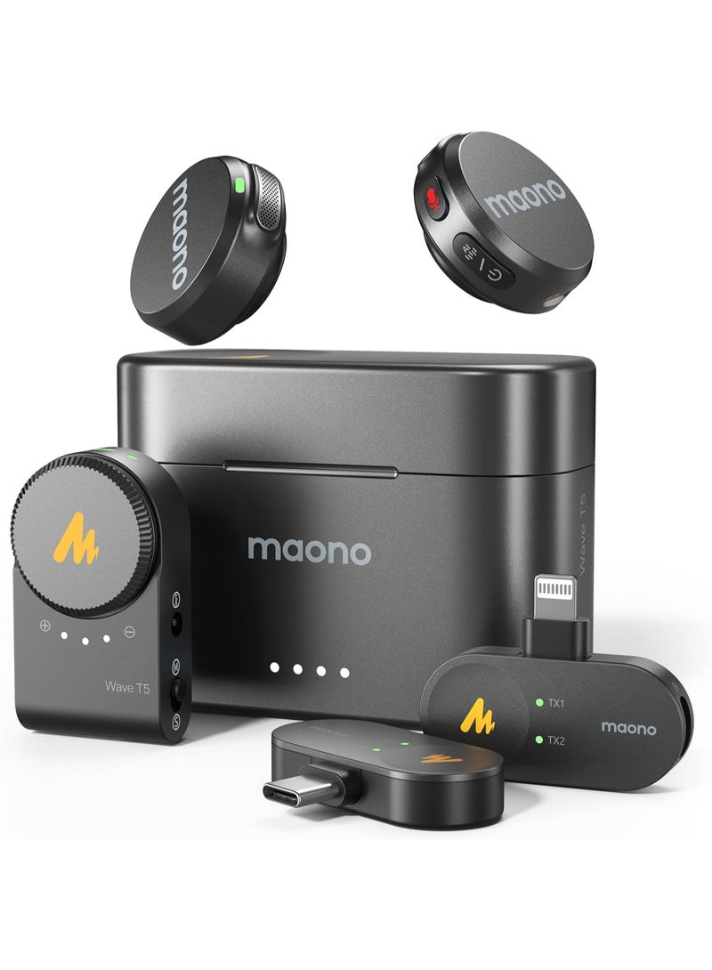 ماونو ميكروفون لاسلكي صغير من MAONO لأجهزة iPhone 17/16/15/Android/الأجهزة اللوحية، مزود بمنفذ USB-C، يدعم دقة 48 كيلوهرتز و24 بت، ومدى يصل إلى 300 متر، وفلتر صوتي، وخاصية إلغاء الضوضاء، وعمر بطارية يصل إلى 30 ساعة، مثالي لتسجيل الفيديو والبث المباشر - Wave T5 - Image 1